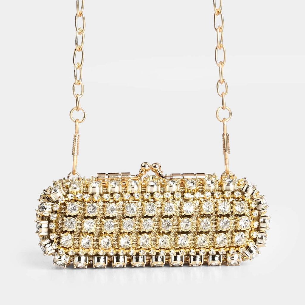 Gold Crystal Clutch Bag With Chain Strap
