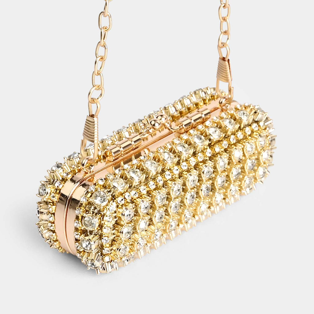 Gold Crystal Clutch Bag With Chain Strap