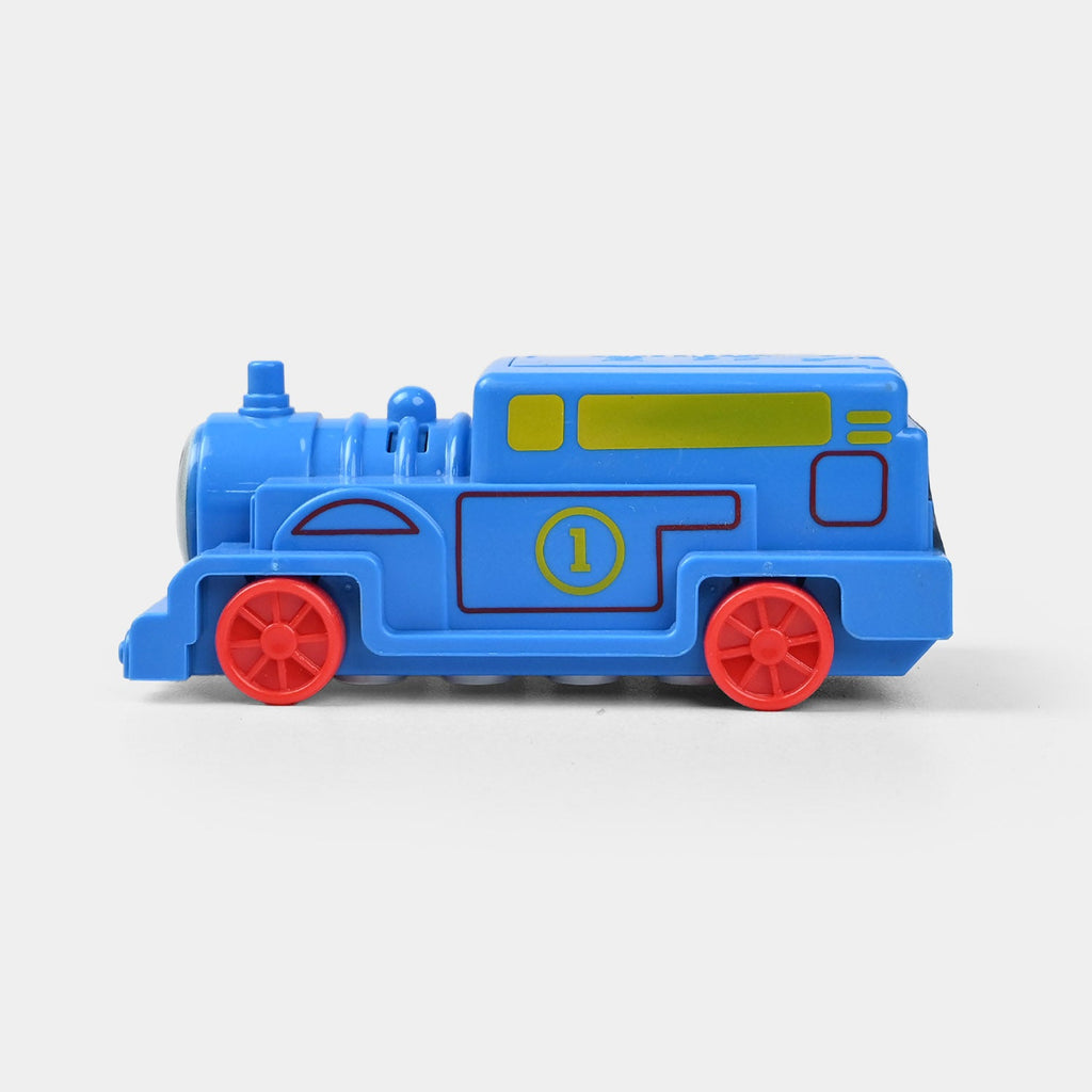 Blue Musical Train Toy with Lights and Red Wheels
