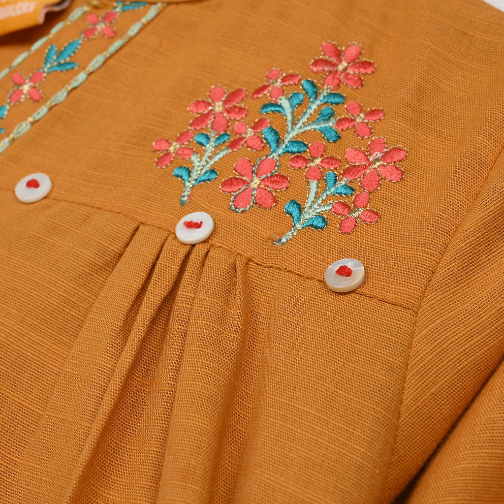 Girls Cotton Slub Emb Kurti Ujala-Mustard