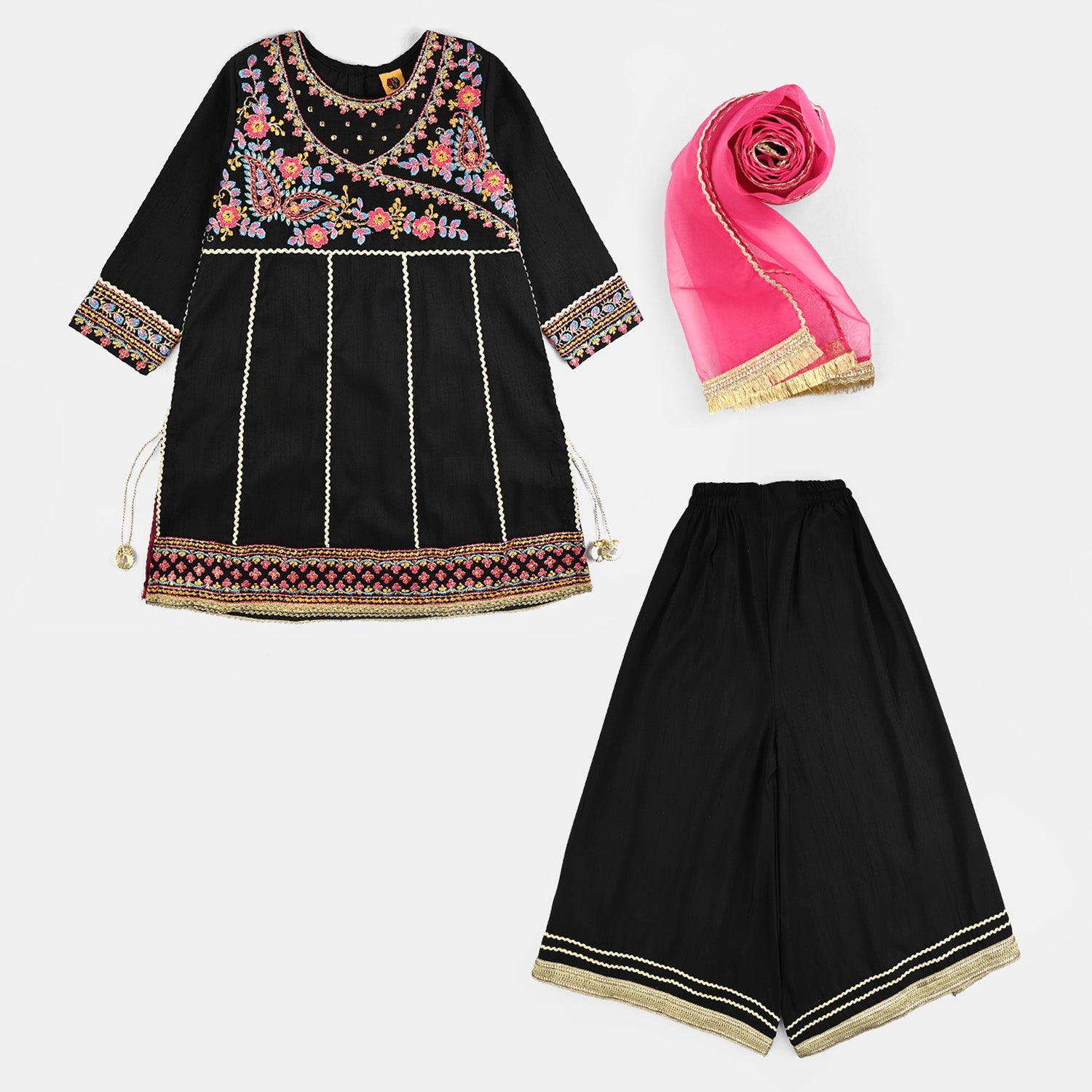 Girls Raw Silk Fancy 3Pcs Nazakat-BLACK