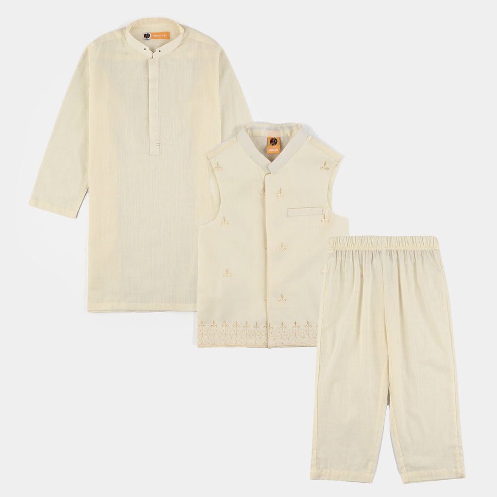 Boys Cotton Slub 3Piece Suit (Blended)-Off.White