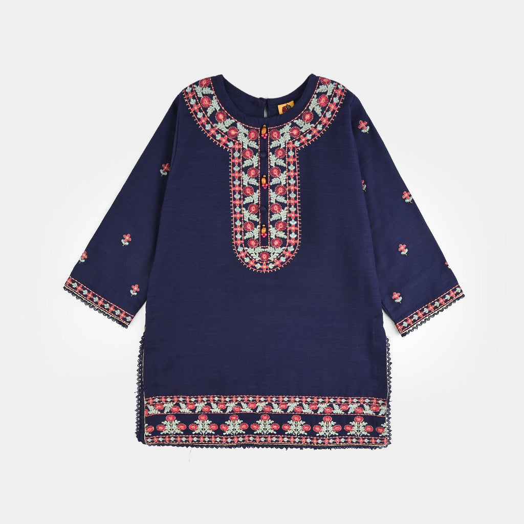 Girls Cotton Slub Emb 2Pcs Roshni-Navy Blue