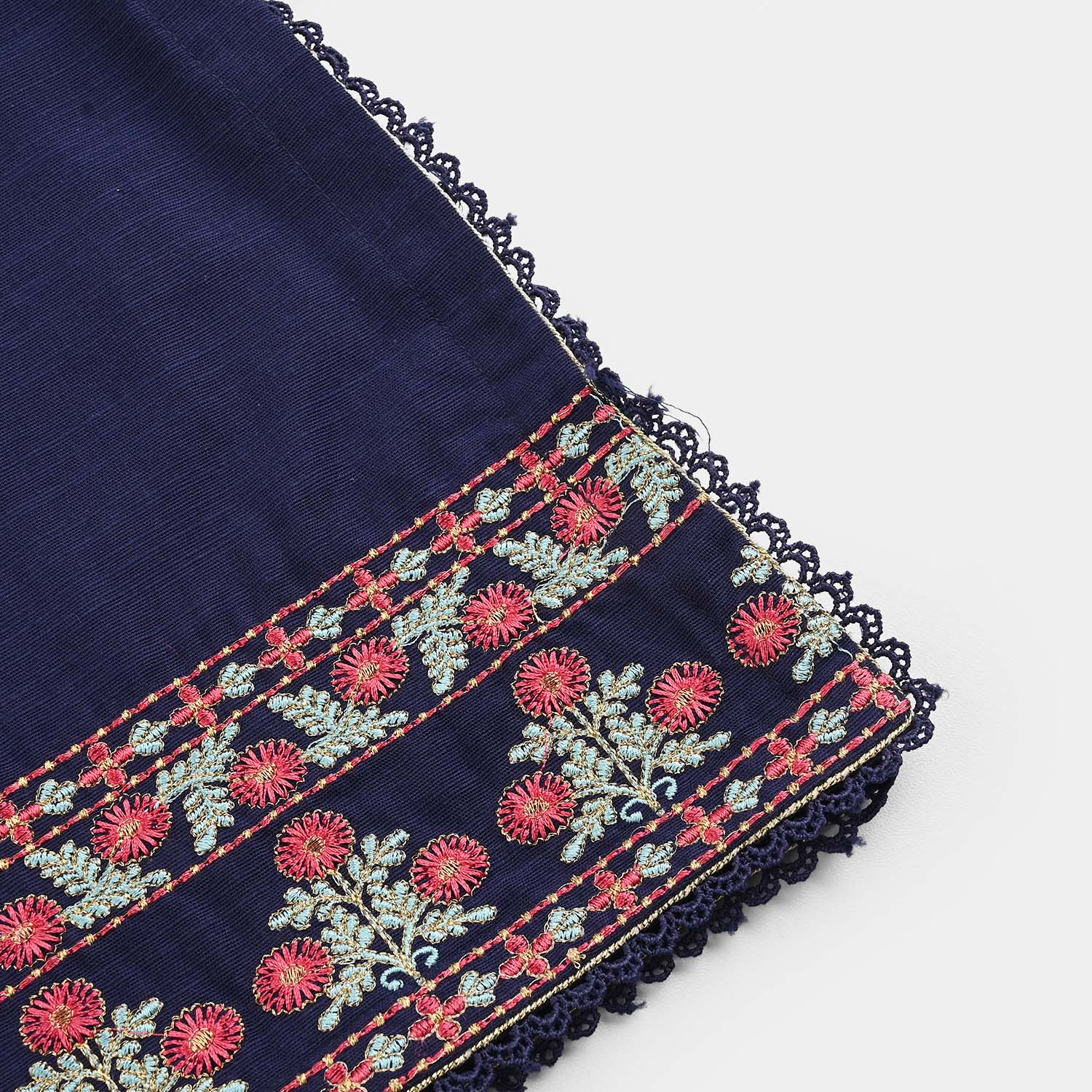 Girls Cotton Slub Emb 2Pcs Roshni-Navy Blue