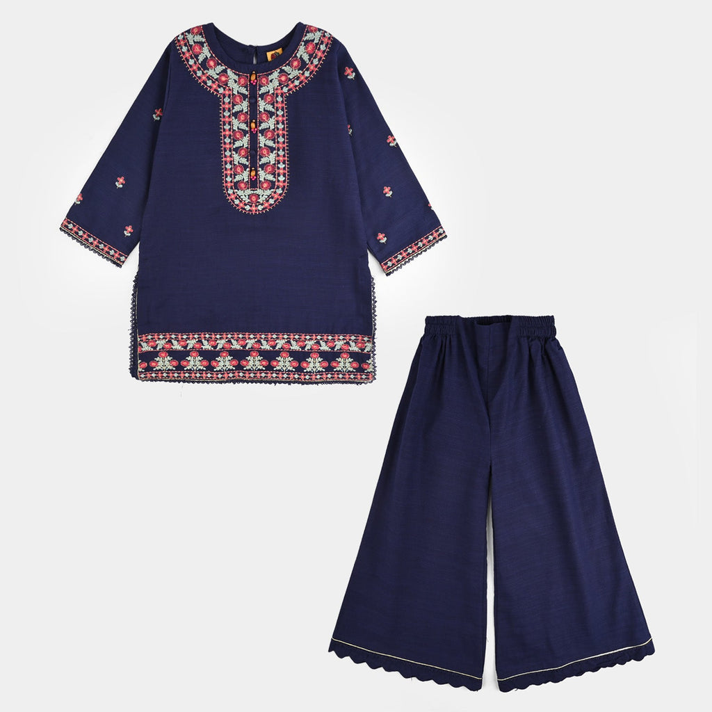 Girls Cotton Slub Emb 2Pcs Roshni-Navy Blue