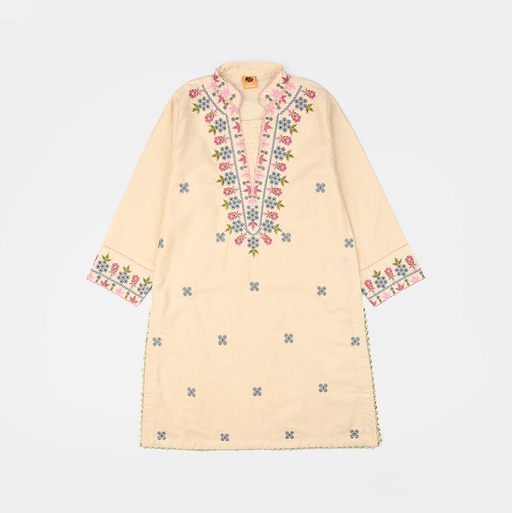Girls Cotton Poplin Emb Kurti Chicken Kari-Cream