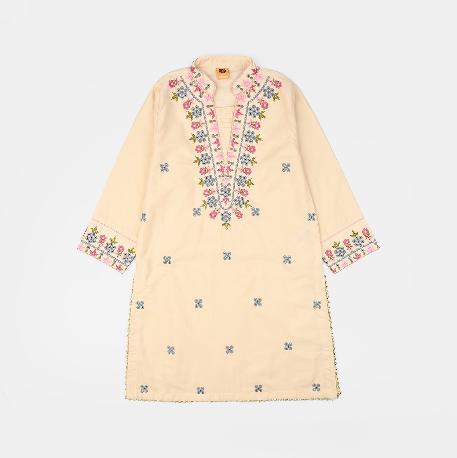 Girls Cotton Poplin Emb Kurti Chicken Kari-Cream