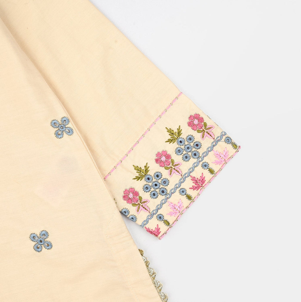 Girls Cotton Poplin Emb Kurti Chicken Kari-Cream