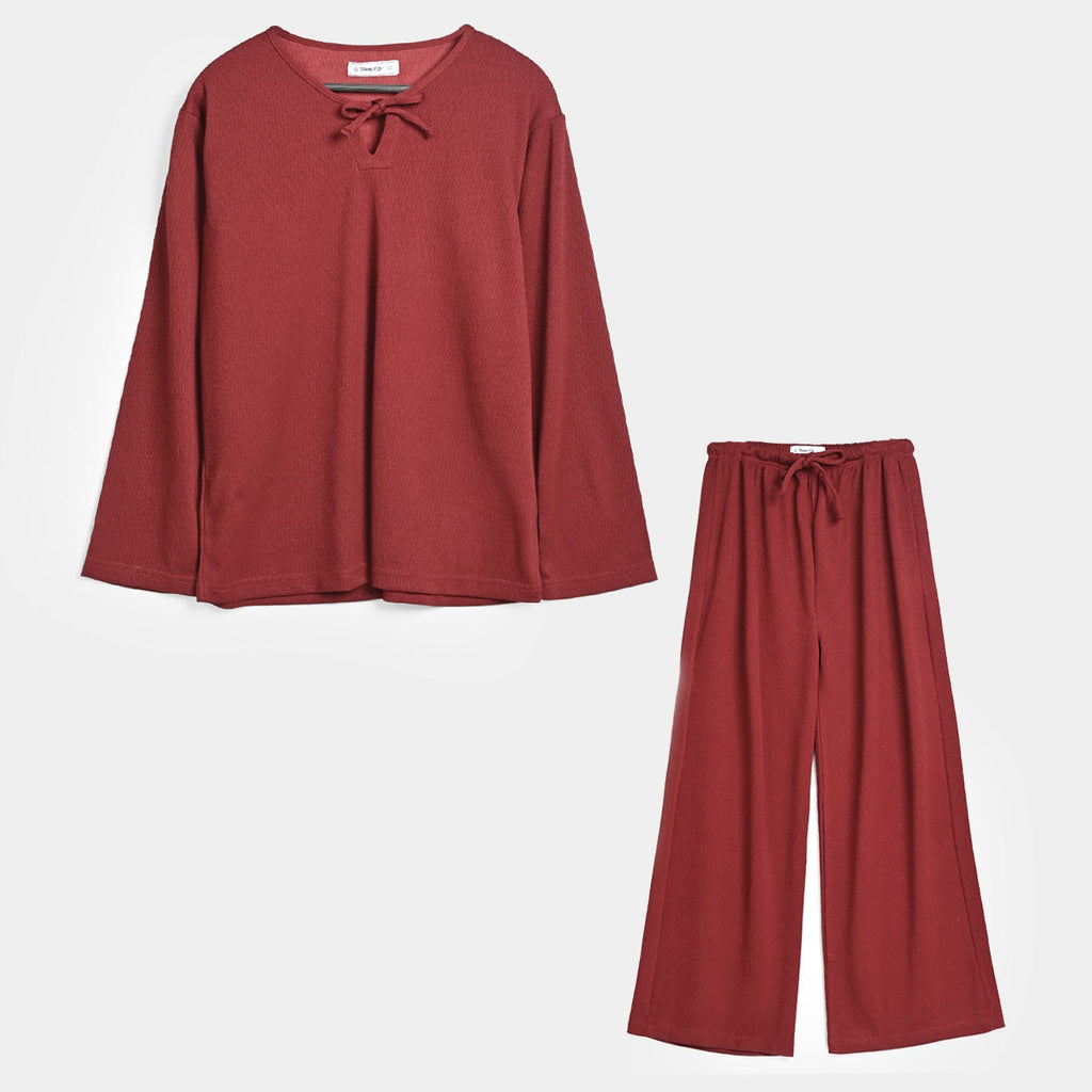 Teens Girls Cotton Knitted CO-Ord Set Maroon-Rust