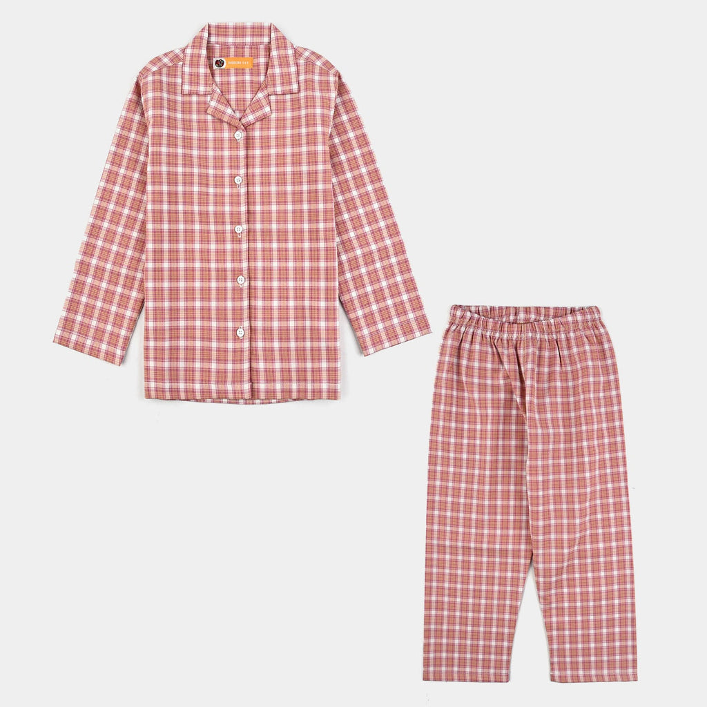 Girls Woven Night Suit-Check-Multi