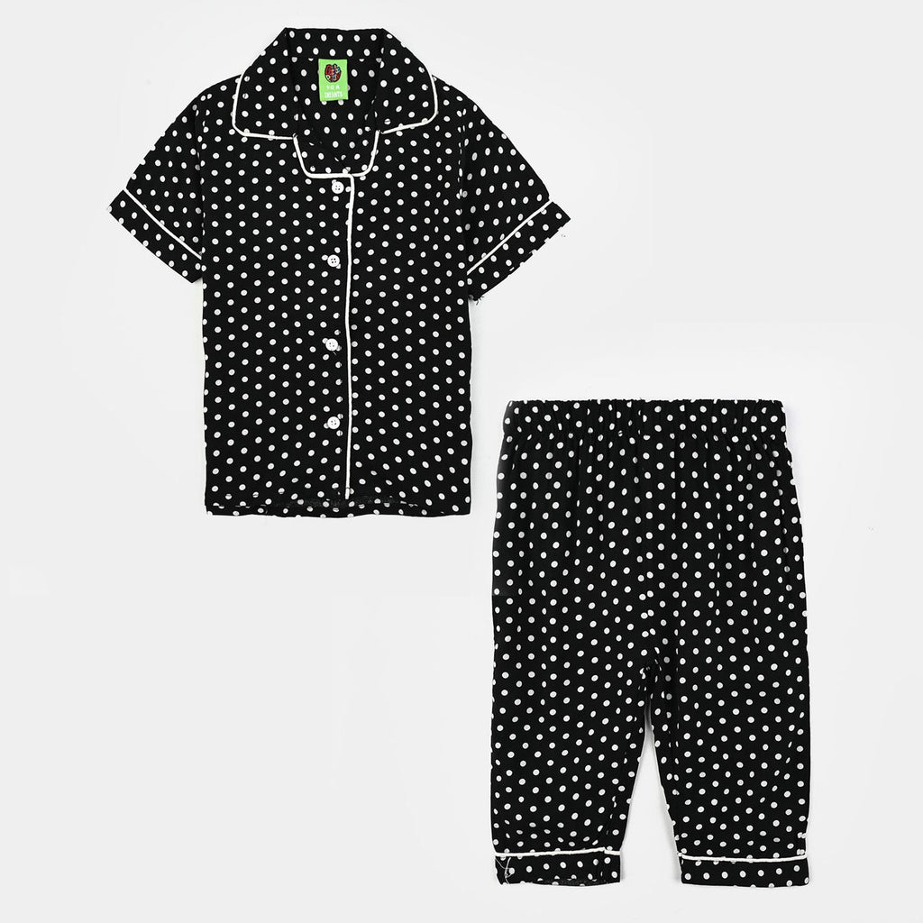 Infant Girls Viscose Night Suit-Polka Dot-BLACK