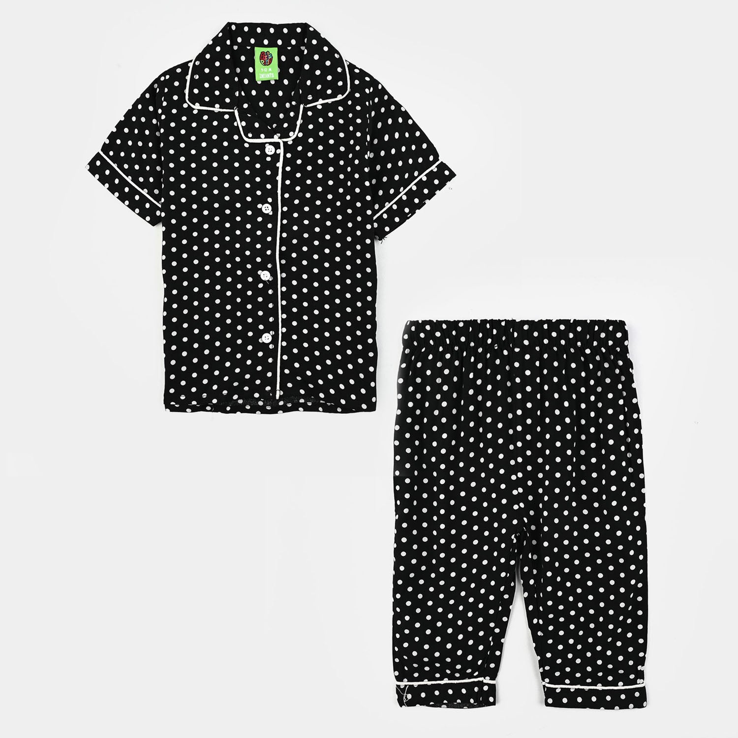 Infant Girls Viscose Night Suit-Polka Dot-BLACK