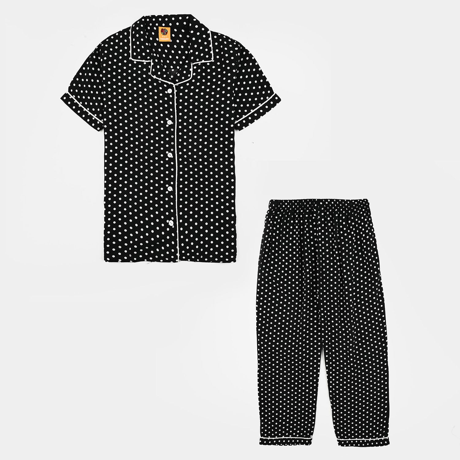 Girls Viscose Night Suit-Polka Dot-BLACK