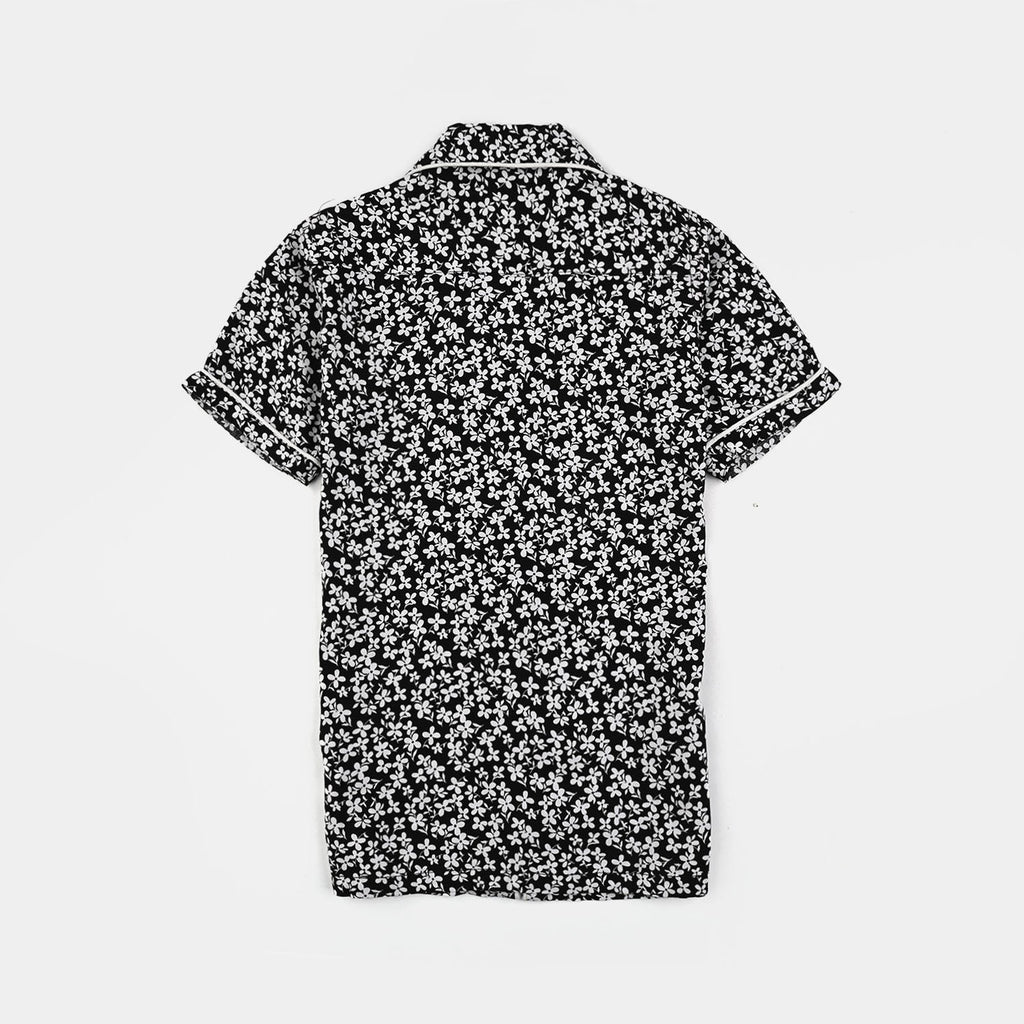 Girls Viscose Night Suit-White Floral-BLACK