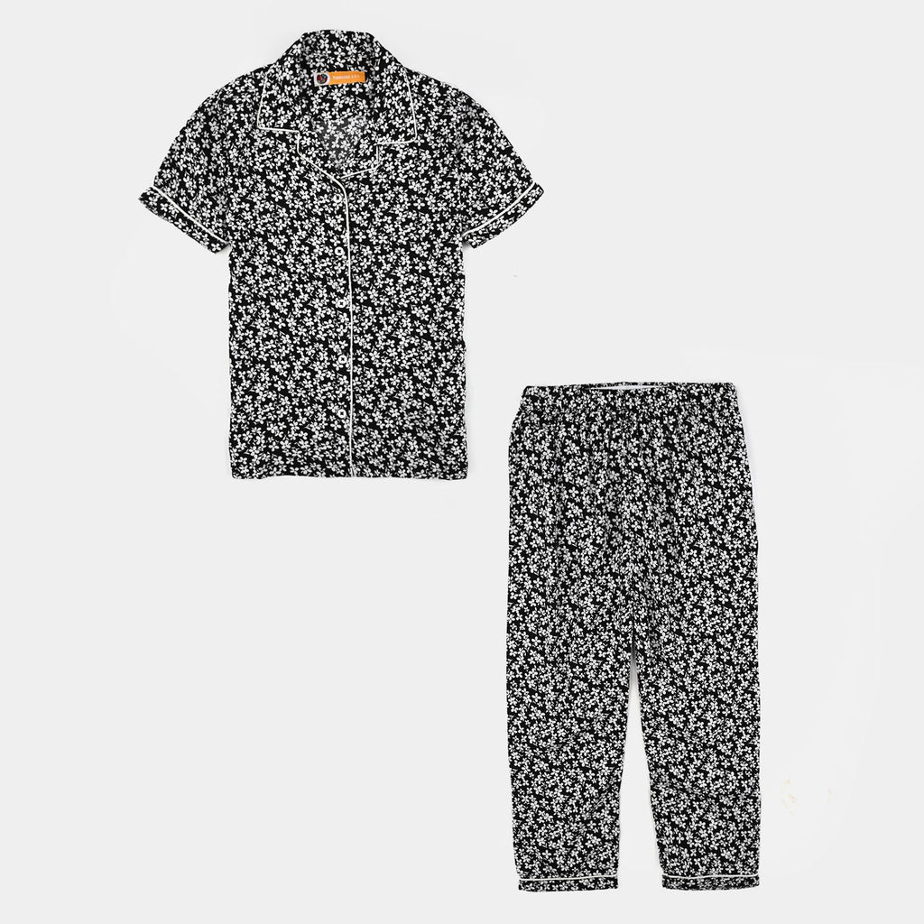 Girls Viscose Night Suit-White Floral-BLACK