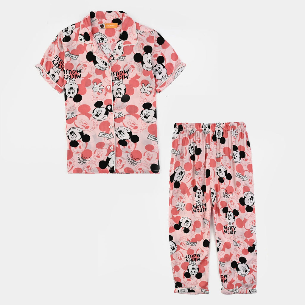 Girls Viscose Night Suit Printed-Pink