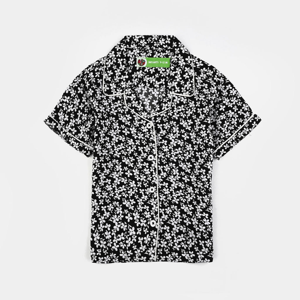 Infant Girls Viscose Night Suit-White Floral-BLACK