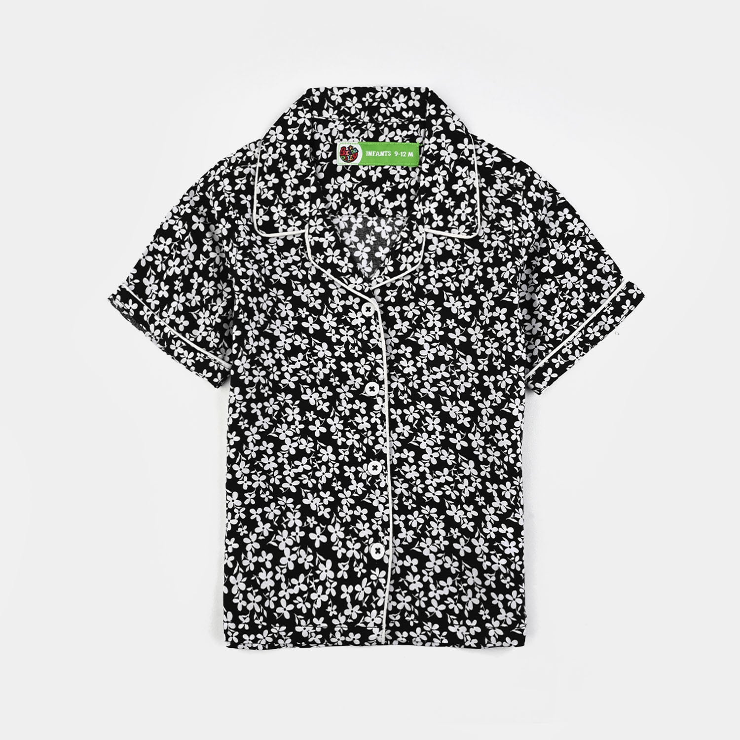 Infant Girls Viscose Night Suit-White Floral-BLACK