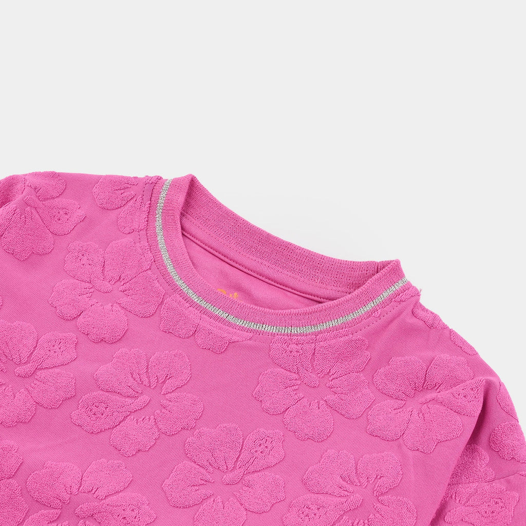 Girls Jacquard T-Shirt Pink FLOWER FABRIC-Pink