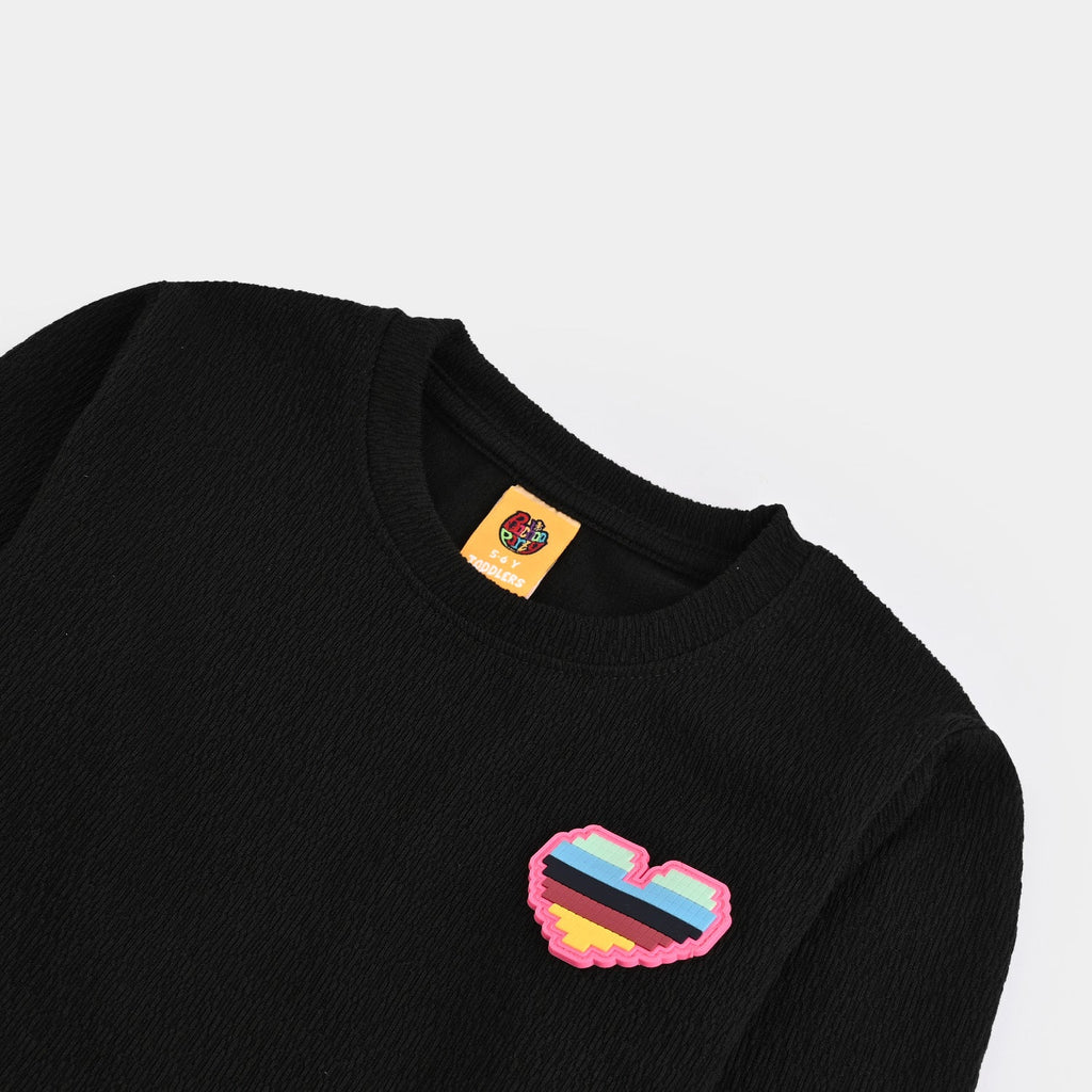 Girls Poly Crinkle T-Shirt Heart-BLACK