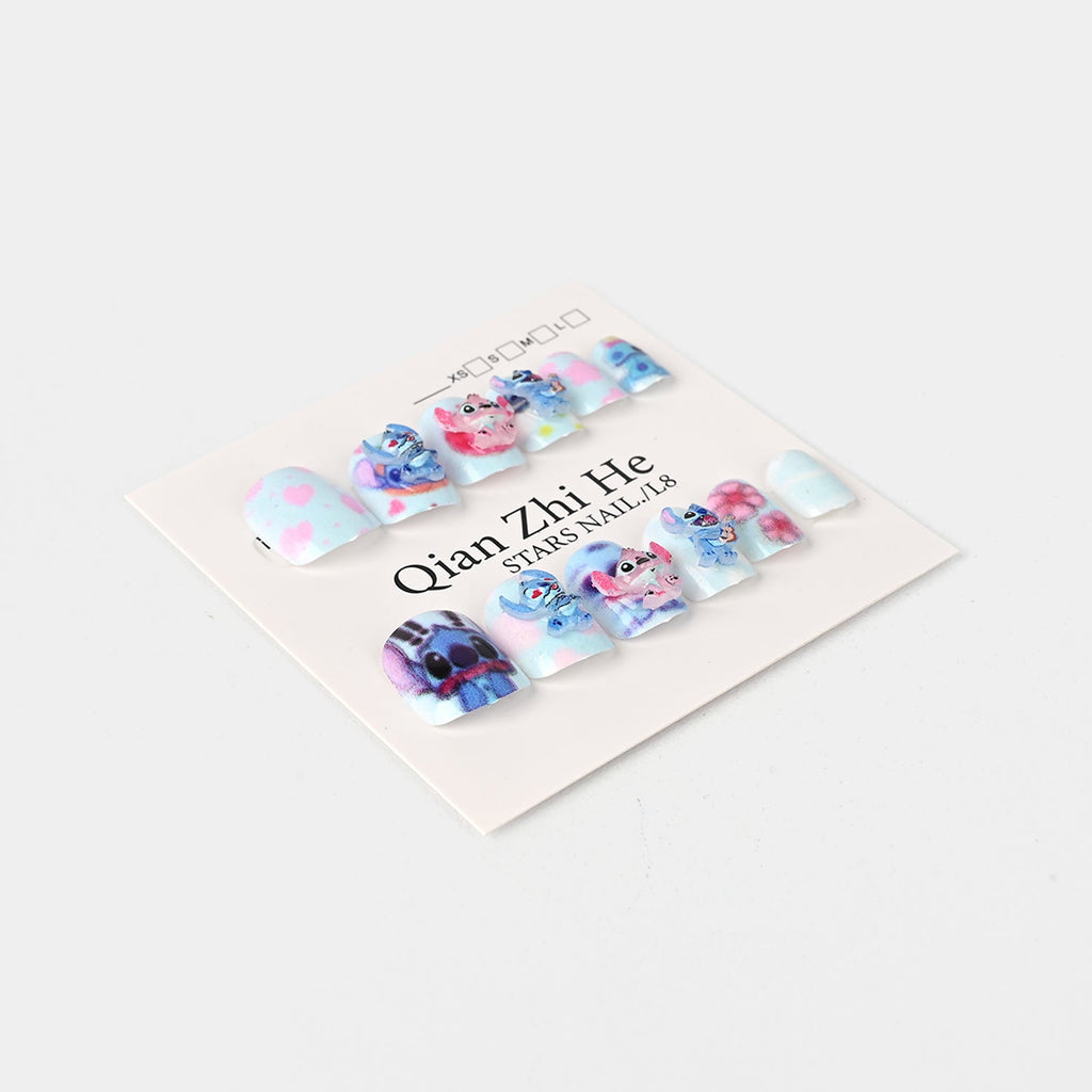 Cartoon Nail Set – Cute Blue & Pink Designs